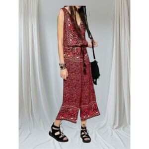 Free People Women's Small Floral Red Black Viscose Wide Leg Jumpsuit One Piece